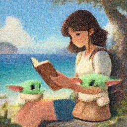 a girl reading a book by the sea with Grogu by her side, in the style of Greg Rutkowsky, digital art, very detailed, high definition