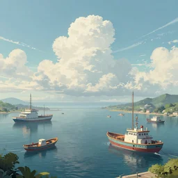 floating ships at a sky harbour by Ian McQue and Isaac levitan, sunny day, epic atmosphere, Trending on Artstation, serene, retro futurism, calm
