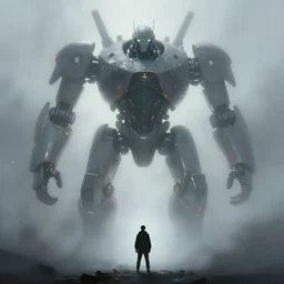 a painting by jeremy mann, a giant robot, silhouette of a small man below, ominous, ethereal, misty, volumetric fog, beautiful specular illumination, dynamic, artstation, octopath traveler, by tuomas korpi, unreal engine 5, 8 k