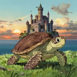 a giant turtle in the ocean with grass and a giant castle on top of its shell, sunset, art by hayao miyazaki, studio ghibli film, hi res, 4k, high detail