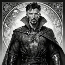 doctor strange as gigachad, masculine, mature, handsome, upper body, grey and silver, muscular, hairy torso, fantasy, intricate, muscular, elegant, highly detailed, digital painting, artstation, concept art, smooth, sharp focus, illustration, art by gaston bussiere and alphonse mucha, black and white
