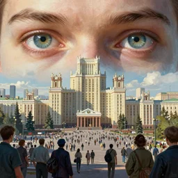 russian city, bright future, social realism, view from the eyes, soviet cyberpunk, a lot of people, highly detailed, digital painting, artstation, concept art, matte, sharp focus, illustration, art by artgerm and greg rutkowski and alphonse mucha