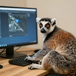 a lemur working on a pc