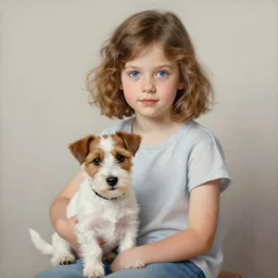 a seven year old girl with short wavy curly light brown hair and blue eyes sitting with a very cute wire haired jack russell terrier puppy, white with brown patches over both eyes. detailed, high quality painting by artgerm and greg rutkowski and ilya kuvshinov