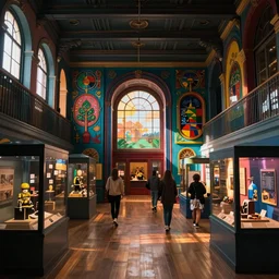 interior of a colorful museum in downtown London, atmospheric, kodak, fuji film, photoreal, 12k ursa, volumetric light, cinematic photograph concept art, intricate, artstation, studio ghibli, eddie mendoza, james chadderton