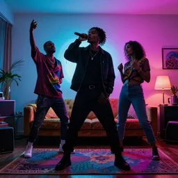 millennial hipsters doing karaoke in living room, epic pose, silhouetted, distinct, psychedelic hip-hop
