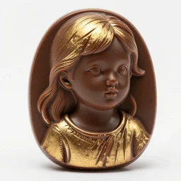 an exquisite carving of a young girl in chocolate and gold leaf