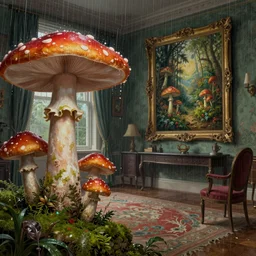 interior of a Victorian house, heavy rain, big mushrooms, moss, a beautiful painting, digital art, overdetailed art, concept art, detailed illustration, hd, 4k, digital art, highly saturated colors,  Victo Ngai