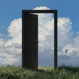 dark door open mid air air, the portal is black, a blue clear sky in the background full of puffy clouds, behind the door, grass below, matte painting, artstation trending