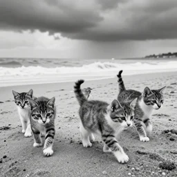 kittens storming Normandy Beach, photo black and white