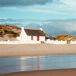 a whitewashed cottage on a windswept beach