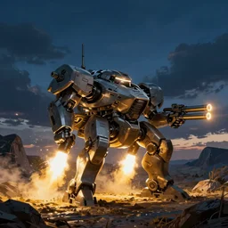 an armored core v by kashin, wadim, booster flares, legs, laser rifles, karst landscape, outdoor, dark blue sky, cloud, wilderness ground, golden time, twilight ; wide shot, digital painting, photoreal, cinematic contrast, dynamic backlighting, sharp edge, motion blur