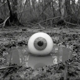 movie still by tarkovsky of 1 0 0 eyes eyesball floating in mud pond looking at the camera, swamp backround, cinestill 8 0 0 t 3 5 mm b & w, heavy grain, high quality, noir, natural textures, photorealistic, ambient occlusion, hd, ultra wide lens, anamorphic