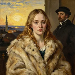 Elle Fanning in a fur coat, religious masterpiece portrait, oil on canvas, golden hour, in the world of Andrew Wyeth, artstation, by J. C. Leyendecker and Peter Paul Rubens,