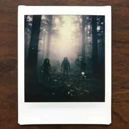 an eerie, foggy swamp, with strange creatures lurking within. scary, grotesque, old photo, polaroid