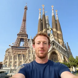 mark zuckerberg taking a selfie in front of a combination of both eiffel tower and sagrada familia basilica, in the style of mark ryden
