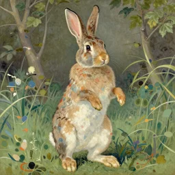 a bunny rabbit standing up, by Beatrix Potter painting, by Joaquin Sorolla rhads Leyendecker, An aesthetically pleasing, dynamic, energetic, lively, well-designed digital art of a bunny rabbit standing up, overlaid with aizome patterns, by Ohara Koson and Thomas Kinkade, traditional Japanese colors, superior quality, masterpiece