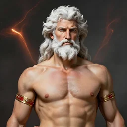 painted portrait of rugged zeus, god of thunder, greek god, white hair, masculine, mature, handsome, upper body, arm band, red and gold, muscular, hairy torso, fantasy, intricate, elegant, highly detailed, digital painting, artstation, concept art, smooth, sharp focus, illustration, art by gaston bussiere and alphonse mucha