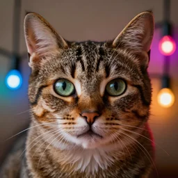 Detailed cat portrait, with colored lights from the sides, vibrant colors, warm feeling