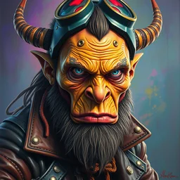 an apocalyptic scifi orcish biker character, psychedelic vibrant colors, highly detailed oil painting by michael whelan art, futuristic punk rock fashion, perfect face, sharp focus, detailed eyes, realistic, leather jacket, 8 k
