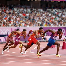 sprinters vying for gold in track and field at the 2 0 2 4 paris olympics, ultra realistic, cinematic, very detailed