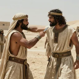 cinematic still of angered middle eastern skinned man in ancient Canaanite clothing stabbing another middle eastern skinned man in ancient Canaanite clothing, Biblical epic by Christopher Nolan