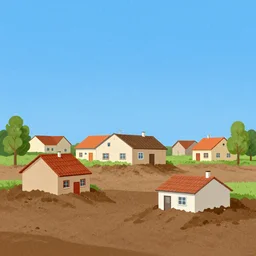 rural houses sinking in the ground, clear blue sky, pop illustration, collage 4 k