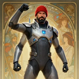 ali g posing trumphantly in a futuristic jumpsuit, sacha baron cohen with a black goatee, red raga doo beanie hat, the expanse, sci fi, futuristic, detailed illustration, digital art, trending on artstation, soft ambient lighting, volumetric lighting, rim lighting, yoshitaka amano, alphonse mucha, arney freytag, maxfield parrish, new art nouveau