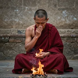a monk sitting while is burning and suffering