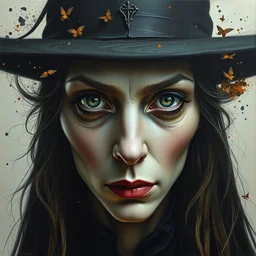 a hyper realistic witch, beautiful symmetrical face, award winning painting, paint brush splashes, artwork by chiara bautista and beksinski and norman rockwell and greg rutkowski, tom bagshaw weta studio, and lucasfilm