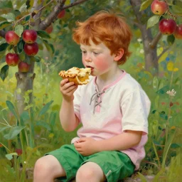 1 0 years old boy with slightly wavy red hair, wearing white and pink shirt with laces and green shorts, holding a piece of apple pie, sitting in the wild garden with apple trees, digital art, oil painting, masterpiece, by greg rutkowski, by mucha, by kinkade