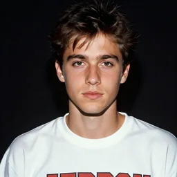 a colored colorized photograph portrait of jerma in the 2 0 0 0 s with a 2 0 0 0 s hairstyle and wearing a 2 0 0 0 s t - shirt, taken in the early - mid 2 0 0 0 s, grainy, taken on a 9 0 s kodak camera, realistic, hyperrealistic, very realistic, highly detailed, very detailed, extremely detailed, detailed, digital art, intricate details, real life, trending on artstation, body and head in view, body and headshot, colored photo, detailed face, very detailed face