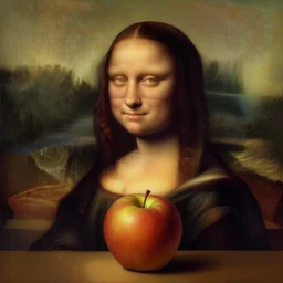 portrait of a woman obscured partially by an apple sitting upon a table with heightened detail, poised, intense emotion, detailed facial expression, detailed surroundings, intricate, elegant, highly detailed, centered, digital painting, artstation, concept art, smooth, sharp focus, illustration, by ( leonardo da vinci ), wlop