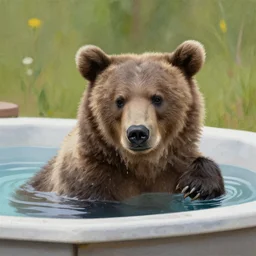 grizzly bear cub chilling in a hot tub, calming, nature, painting, bob ross.