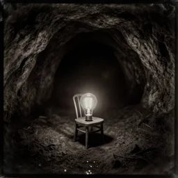 chair under an edison bulb in infinite dark cave, by pinhole photography, daguerrotype, sepia, high contrast, sunken in black water, dark space, void, black hole