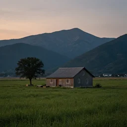 a photo of a small farm house in a meadow at dusk with mountains in the background, photography by Gregory Crewdson