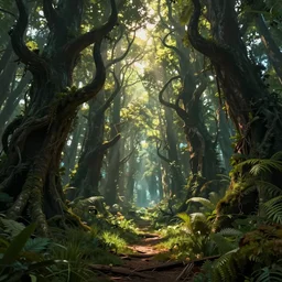 cinematic view, volumetric, huge scene, godrays, grass, low angle, concept art, trending on artstation, high detail, epic foliage, detailed, beautiful, scary fairy tale mystical forest twisted creepy trees magical jungle forest landscape artwork trees near the path amazing nature, vivid, warm lighting, by jordan grimmer