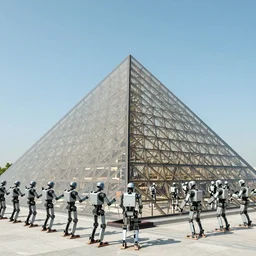 a million robot slaves building a glass pyramid