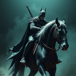 a witcher + batman riding horse together, batman at back, witcher riding, depressed, vibrant, life changing, dramatic, cinematic lighting, digital art, ultra sharp, extreme details, sinful and petty by gerald brom and zadislaw beksinksi and giger