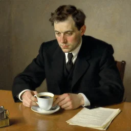man in desk with coffee and black suit by leyendecker and dean cornwell