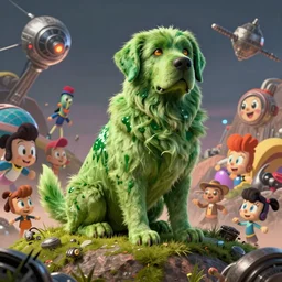 hyperrealist, graphic novel illustration of a bulky green alien labrador retriever with shaggy green fur with green dye sitting on a hill as the battle unfolds below, pulp 7 0's sci - fi vibes, 9 0's hannah barbara fantasy animation, cinematic, movie still, studio ghibli masterpiece