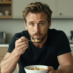 ryan gosling eating cereal, wearing a black t - shirt, looking at the camera, 8 k, high quality