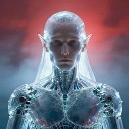 symmetry closeup portrait of a transparent cyborg man druid, shattered glass, cinematic light, backlight, red sky blue, misty, by mikhail vrubel, by philippe druillet, by peter elson, by gerald brom, muted colors, ( ( extreme detail ) ), trending on artstation, 8 k