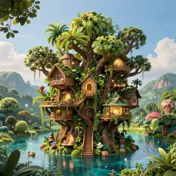 an epic organic and weird underground tree house city. brightly illuminated water. beautiful landscape. digital artwork by gerardo dottori. beautiful light high quality render.