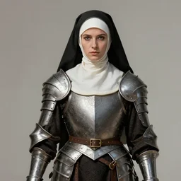 a nun wearing a medieval armor. intricate detail armor. nun clothes. art by ralph mcquarrie, ralph mcquarrie artwork. portrait.