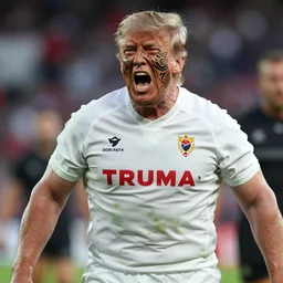 donald trump yelling with ta moko face tattoo in a rugby match