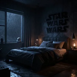 star wars bedroom at night, rainy atmosphere, dramatic, cinematic, artstation, realistic photograph, ambient, dark shades of colors, unreal engine 5, rendered by octane