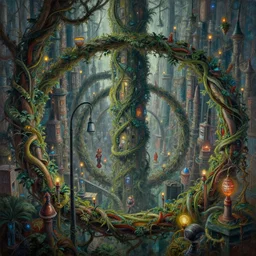 cinematic view of a spiraling vine filled city with many street lamps, dmt, desaturated, psychedelic, tim hildebrandt, wayne barlowe, bruce pennington, donato giancola, larry elmore, oil on canvas, masterpiece, trending on artstation, featured on pixiv, cinematic composition, dramatic, beautiful lighting, sharp, details, hyper - detailed, hd, hdr, 4 k, 8 k