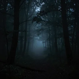 forest, dark, ominous, fog, dim, night, scary, creepy, photorealistic, shadows