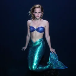 Beautiful Photo of Emma Watson as a mermaid, full body, cinematic lighting, starlit shining eyes